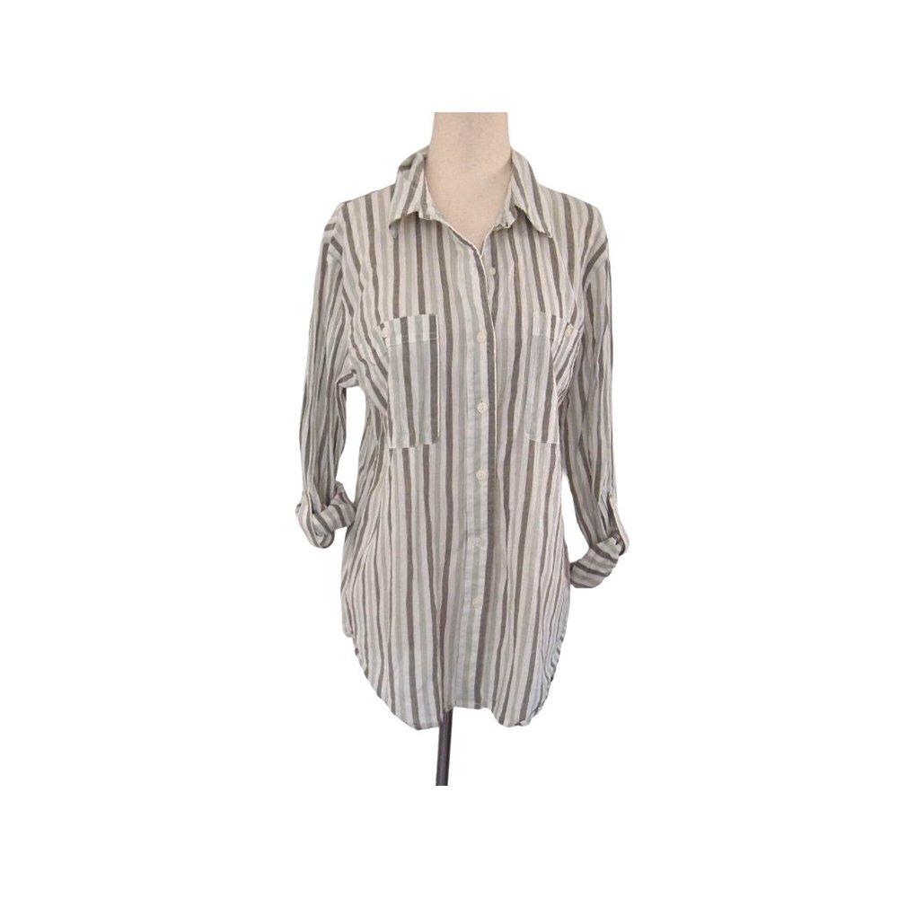 Sanctuary Womens Top S Green Brown Striped Button Up Long Sleeve Boyfriend Shirt